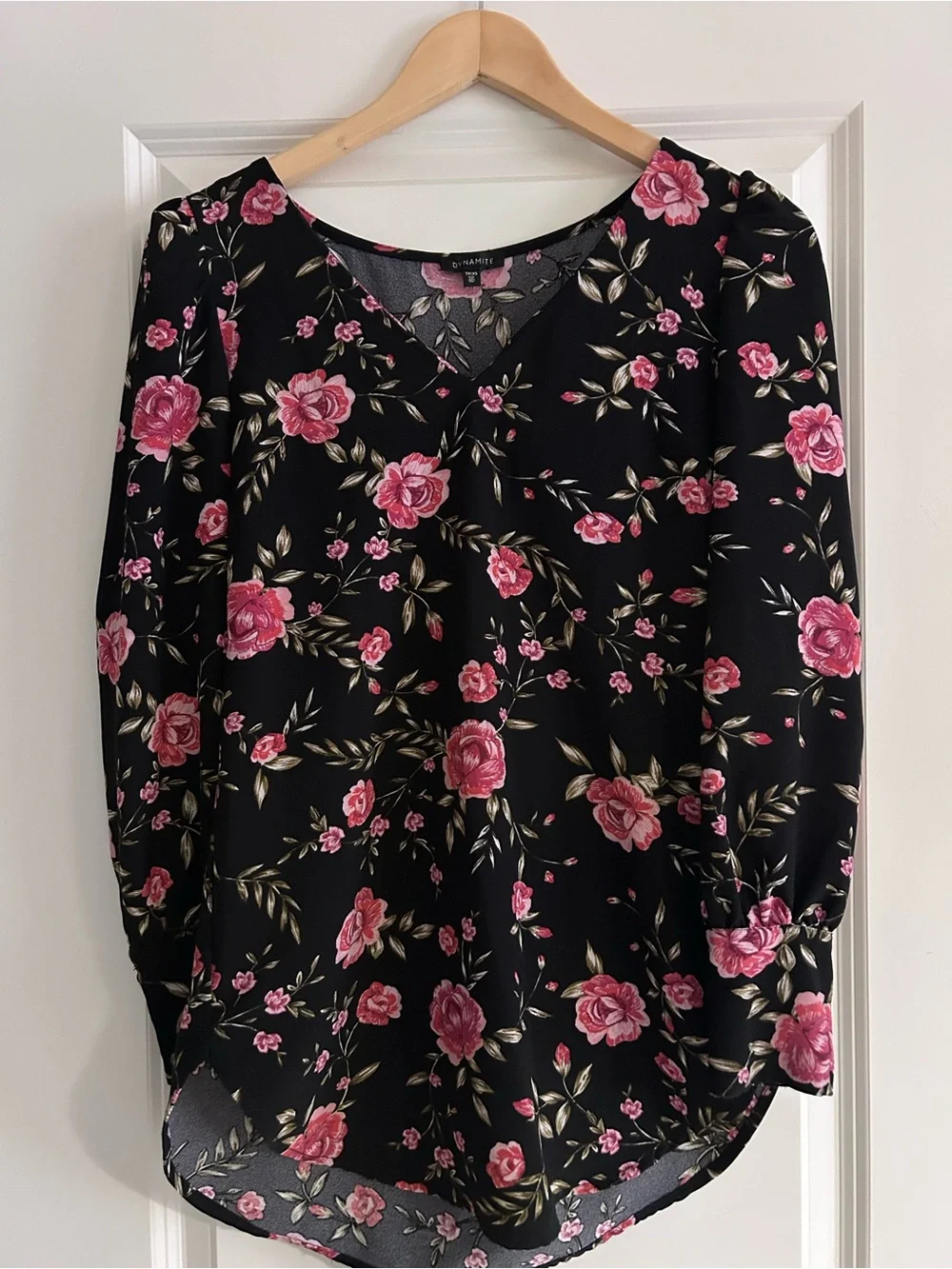 Dynamite Black Long-Sleeve V-Neck Dress with Pink Rose Print - Picture 2 of 3